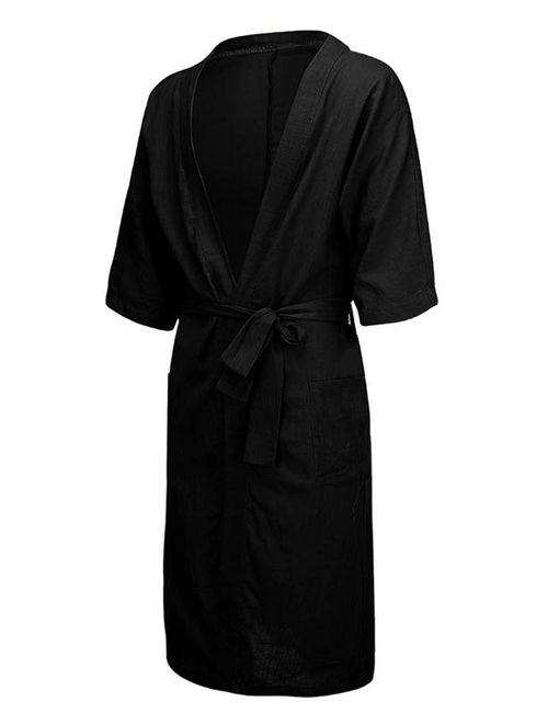 Men's Plus Size Linen Pajamas Kimono Bathrobe Belt Pocket Loungewear