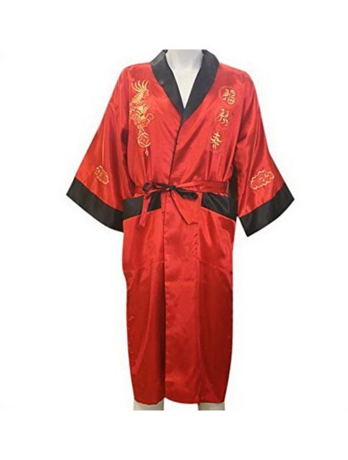 THY COLLECTIBLES Unisex Reversible Silk Satin Robe Kimono Relaxation Bathrobe Dragon Embroidered Night Gown (Red, Asian XXXL = US XXL)