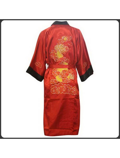 THY COLLECTIBLES Unisex Reversible Silk Satin Robe Kimono Relaxation Bathrobe Dragon Embroidered Night Gown (Red, Asian XXXL = US XXL)