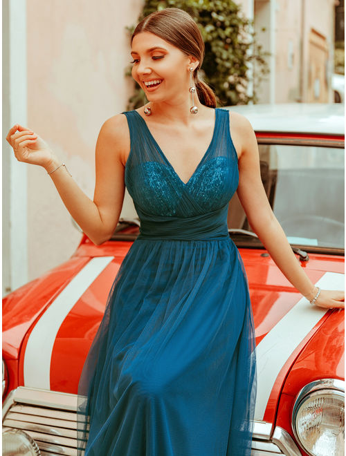 Ever-Pretty Womens V-Neck Elegant Sequin Tulle Evening Bridesmaid Dresses for Women 07458 Teal US 4