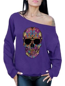 Women's Black Flowered Skull Graphic Off Shoulder Tops Oversized Sweatshirt Floral Sugar Skull Day of Dead