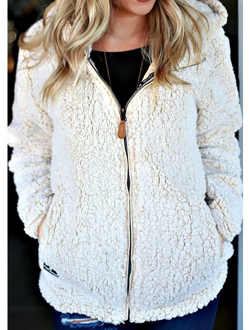 Simply Southern Womens Full Zip Hooded Sherpa - Cream or Pearl