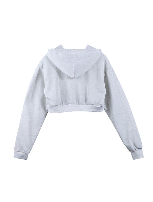 Hirigin Women Hooded Short Hoodies Sweatshirts Crop Tops Sweater Long Sleeve Sports Pullover Tops Light gray S