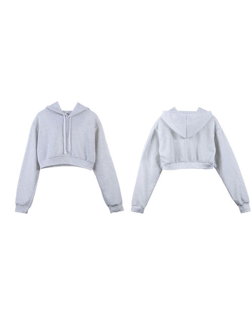 Hirigin Women Hooded Short Hoodies Sweatshirts Crop Tops Sweater Long Sleeve Sports Pullover Tops Light gray S
