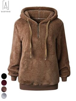 GustaveDesign Women's Fleece Long Sleeve Pullover Hoodies with 1/4 Zip Up Sweatshirt Jumper Warm Sweaters (Brown,XL)