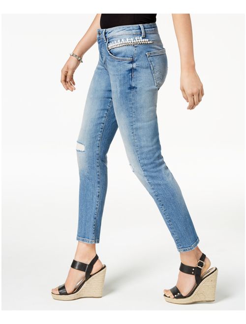 GUESS Womens Blue Frayed Distressed Straight leg Jeans Size: 30 Waist