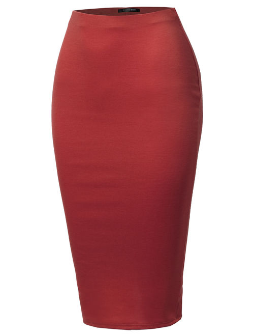 SSOULM Women's Stretchy Fitted Midi Pencil Skirt with Back Slit and Plus Size