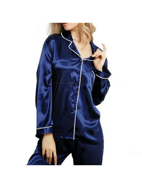 Hirigin Women Silk Satin Pajama Set Long Sleeve Button Sleepwear Homewear Nightwear