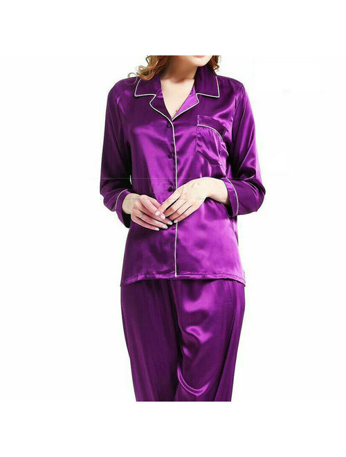 Hirigin Women Silk Satin Pajama Set Long Sleeve Button Sleepwear Homewear Nightwear