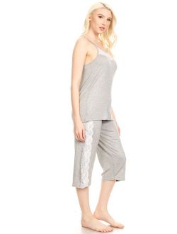 JVSET18C Womens Capri Set Sleepwear Pajamas Woman Sleeveless Sleep Nightshirt Gray L