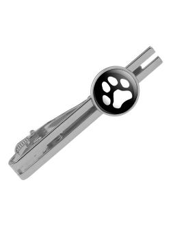 Paw Print Dog Cat White on Black Round Tie Bar Clip Clasp Tack Silver Color Plated