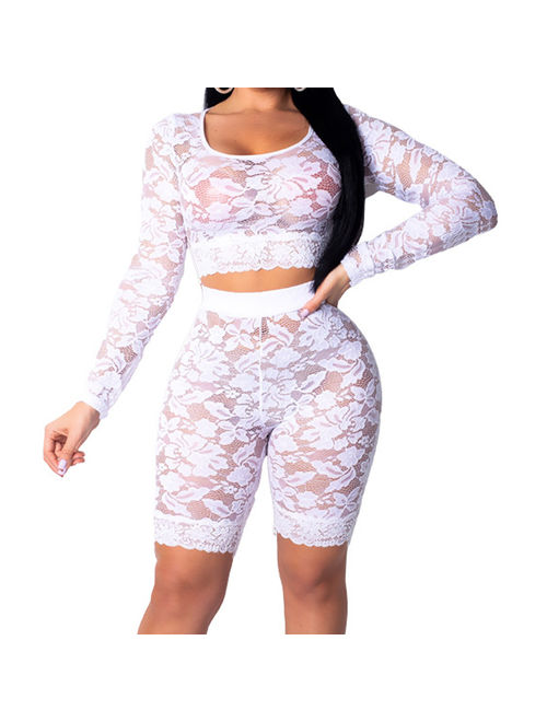 Hirigin Womens Ladies Sexy Lace Clubwear Playsuit Bodycon Party Jumpsuit Crop Top Shorts White Size XL