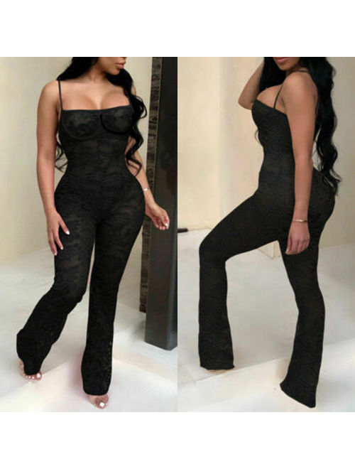 Hirigin Sexy Women Lace Spaghetti-strap Wide Legs Bodycon Jumpsuit Romper Pants Clubwear Black Size S