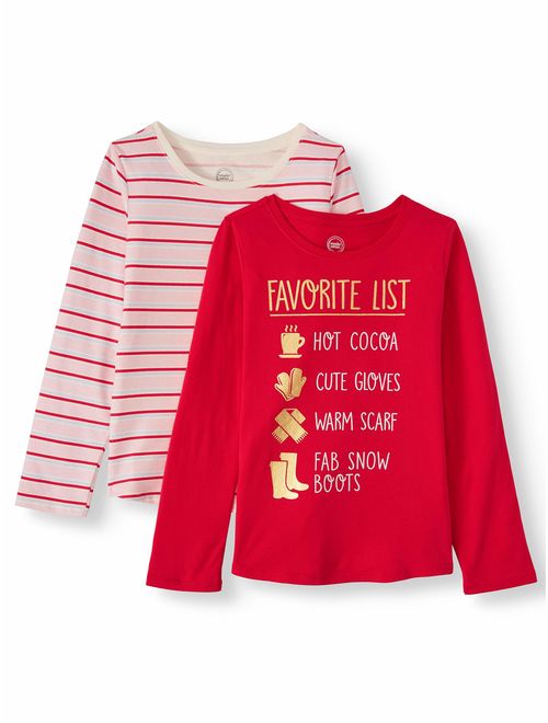 Wonder Nation Holiday Graphic and Printed Long Sleeve T-Shirts, 2-Pack (Little Girls, Big Girls & Plus)