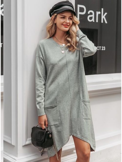 Shein Simplee Dual Pocket Hanky Hem Heather Grey Sweater Dress