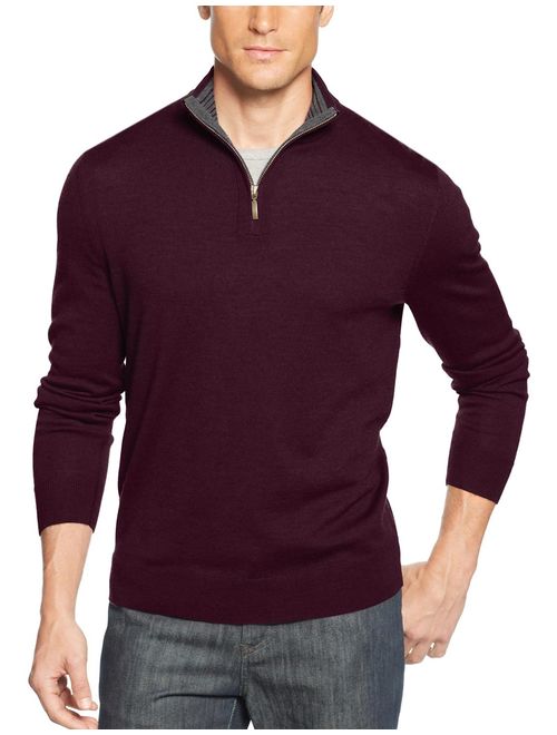 Estate Merino Wool Blend 1/4 Zip Up Sweater Red Plum Mockneck