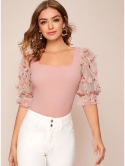 Square Neck Appliques Mesh Sleeve Top