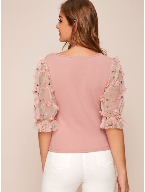 Shein Square Neck Appliques Mesh Sleeve Top