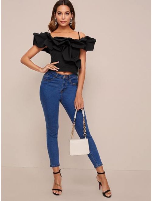 Shein Cold Shoulder Shirred Back Exaggerated Ruffle Top