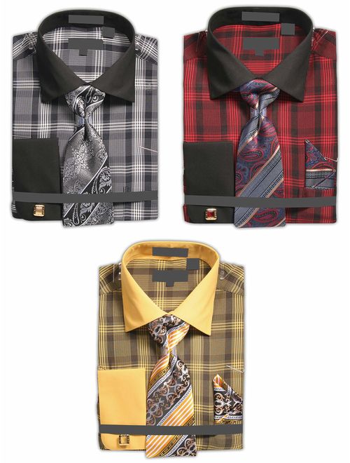 Men's Plaid Tone on Tone Dress Shirt with French Cuffs and Neck Tie Handkerchief Cufflinks