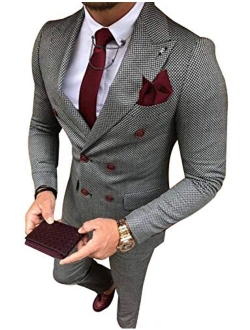 YZHEN Men's Suit Plaid Double Breasted Jacket and Pants