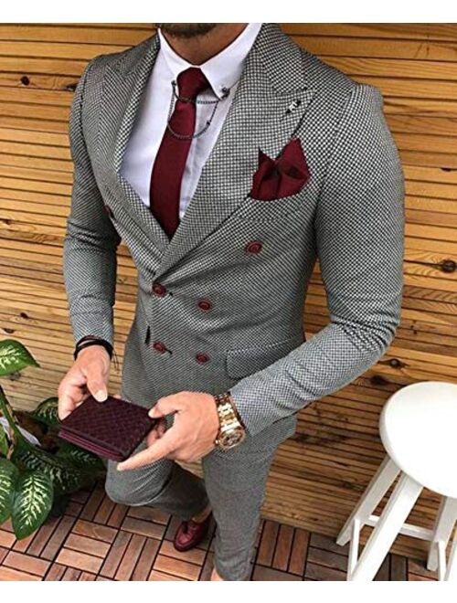 YZHEN Men's Suit Plaid Double Breasted Jacket and Pants