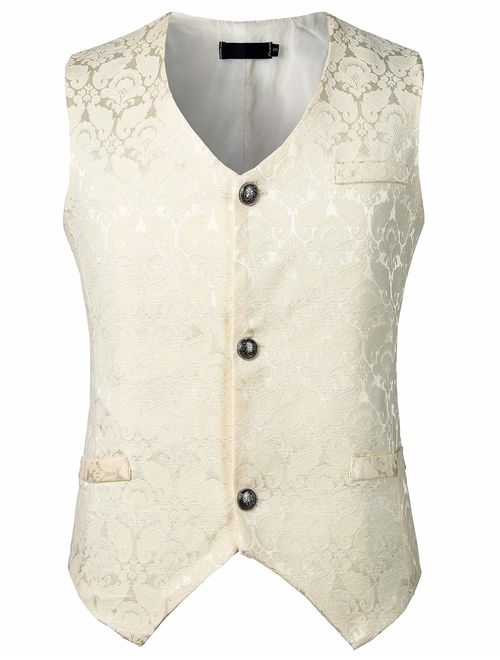 ZEROYAA Mens Single Breasted Vest Gothic Steampunk Victorian Brocade Waistcoat