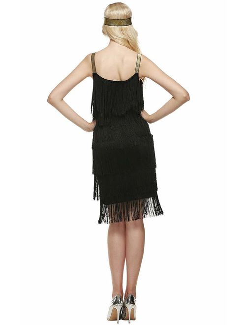 L'VOW Women' 1920s Tassels Straps Dress Gatsby Cocktail Party Fringed Costume Flapper Dresses with Headband