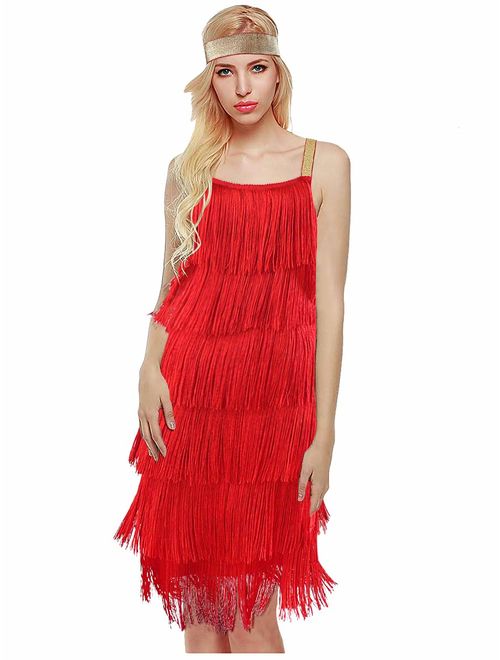 LVOW Women 1920s Tassels Straps Dress Gatsby Cocktail Party Fringed Costume Flapper Dresses with Headband