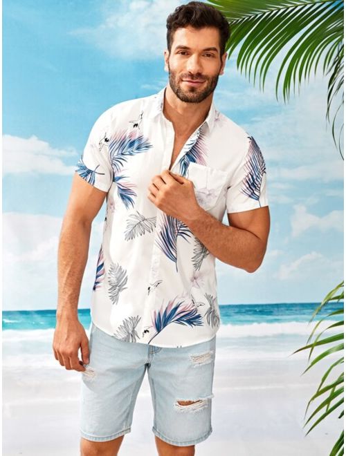Shein Men Leaf Print Pocket Front Hawaiian Shirt