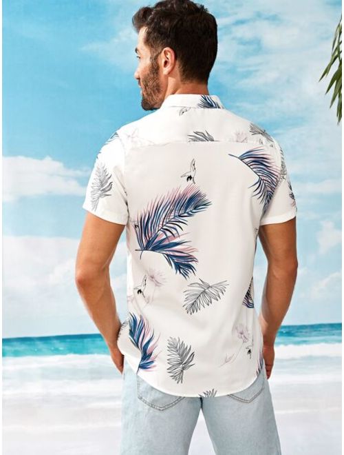 Shein Men Leaf Print Pocket Front Hawaiian Shirt