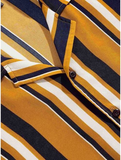 Men Color-block Striped Curved Hem Shirt