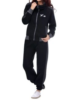 Women Athletic Full Zip Fleece Jogging Tracksuit Activewear Hooded Sweatsuit Top Black S