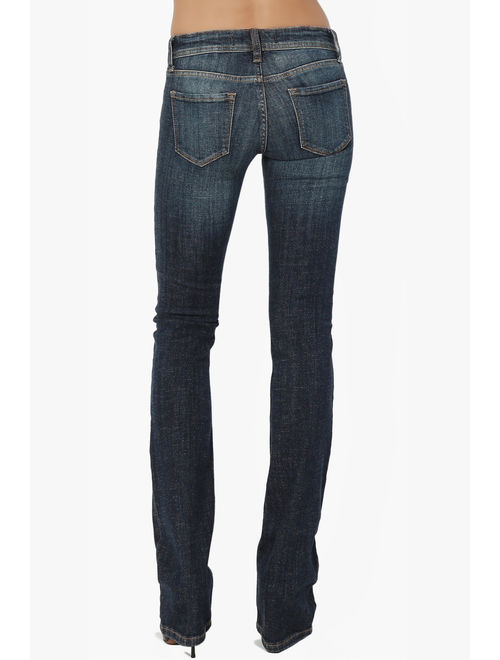 TheMogan Women's Mid Rise Slim Fit Stretch Bootcut Jeans in Soft Dark Blue Denim