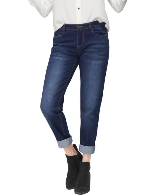 Unique Bargains Juniors Button Closure Zip Fly Pockets Boyfriend Jeans Blue (Size S / 6)