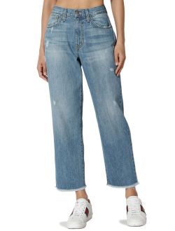 Women's Boyfriend Washed Mid Rise Loose Fit Straight Leg Cropped Jeans