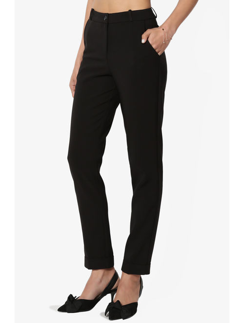 TheMogan Women's Cuffed Slim Tapered Leg High Rise Stretch Trouser Pants Officewear
