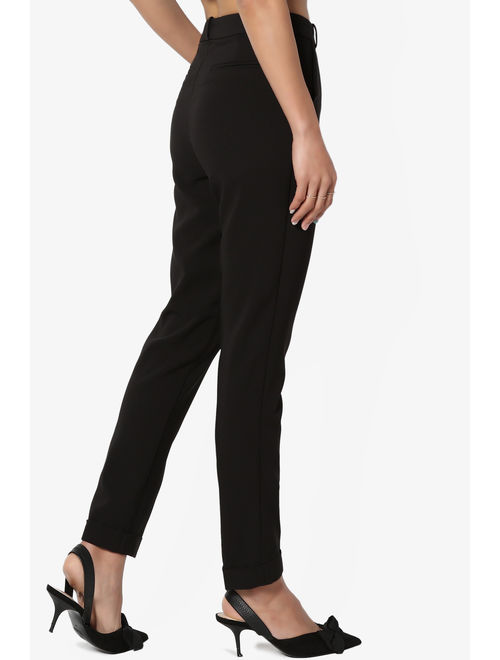 TheMogan Women's Cuffed Slim Tapered Leg High Rise Stretch Trouser Pants Officewear