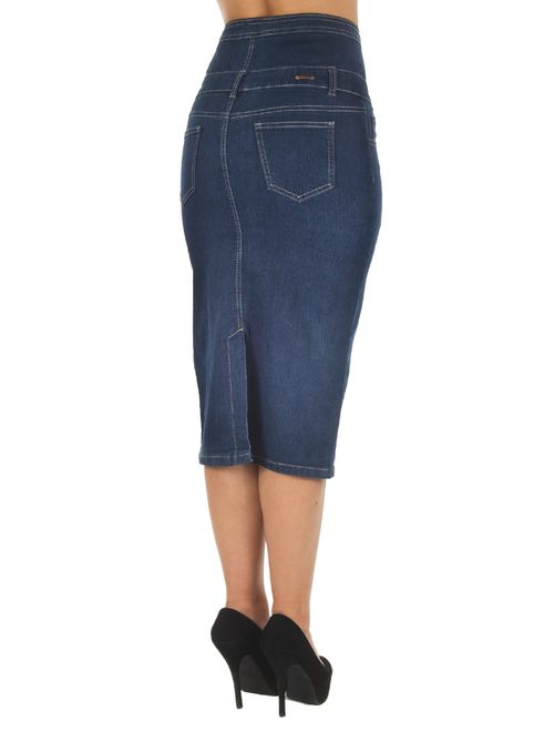 Womens Juniors High Waist Long / Knee Length Midi Pencil Denim Skirt