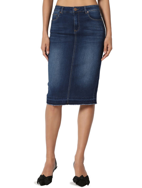 TheMogan Women's Butt Lift Washed Blue Jean Pencil Midi Soft Denim Skirt