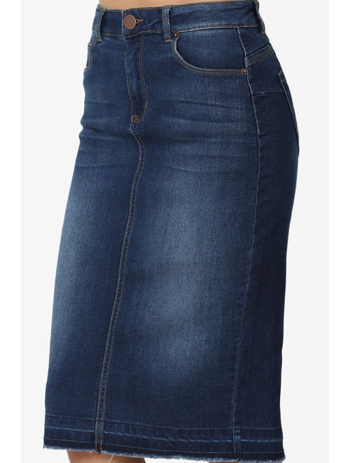 TheMogan Women's Butt Lift Washed Blue Jean Pencil Midi Soft Denim Skirt