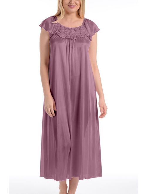 Women's Long Satin Silk Ruffle Sleeveless Nightgown By EZI