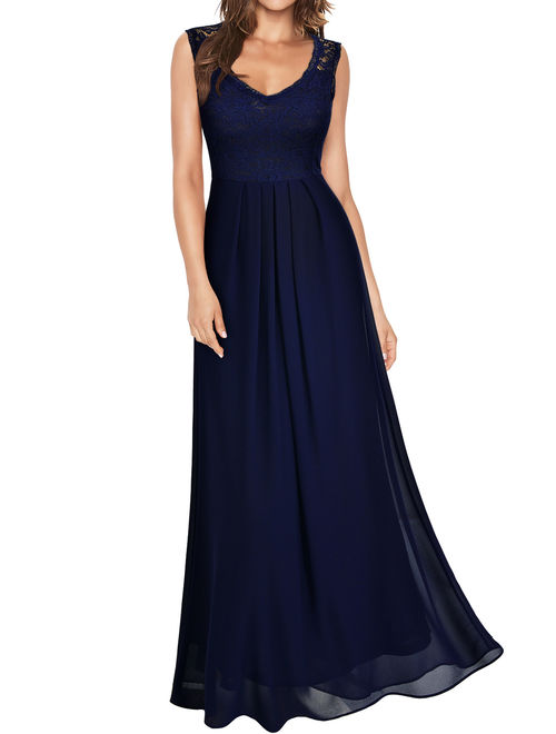 Women's Vintage Floral Lace Dresses,Formal Evening Wedding Party Long Maxi Dresses (Navy Blue,L)