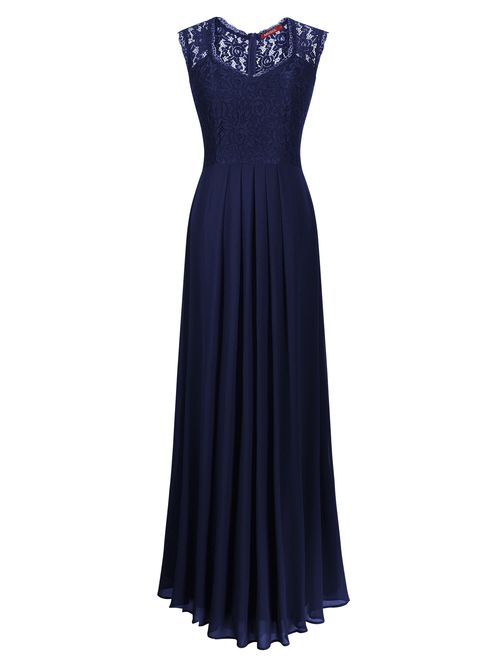 Women's Vintage Floral Lace Dresses,Formal Evening Wedding Party Long Maxi Dresses (Navy Blue,L)