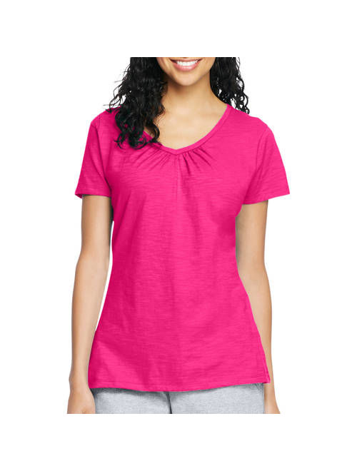Hanes Women's Slub Jersey Shirred V-Neck T Shirt