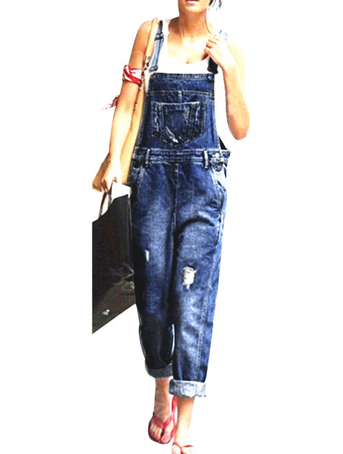 Stylo Womens Cotton Denim Dungarees Long Ripped Knee Wash Jeans Jumpsuit Full Length