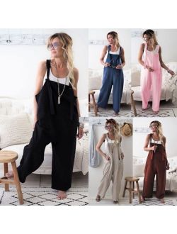 Fubotevic Womens Casual Linen Long Loose Jumpsuits Wide Leg Overalls Pants 