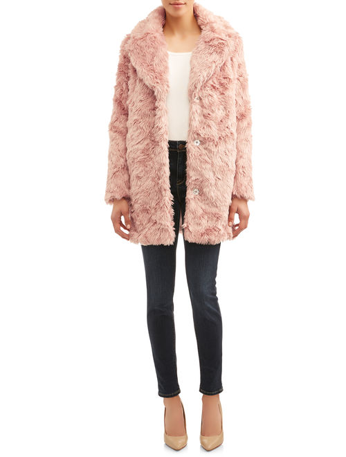 Kendall + Kylie Women's Long Faux Fur Coat with Shag Fur Detail