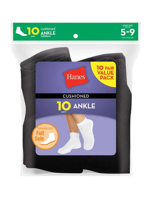 Hanes Ladies Ankle Socks 10 Pack, Black, Size 5-9