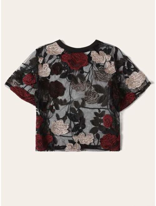 Floral Embroidery Sheer Blouse
